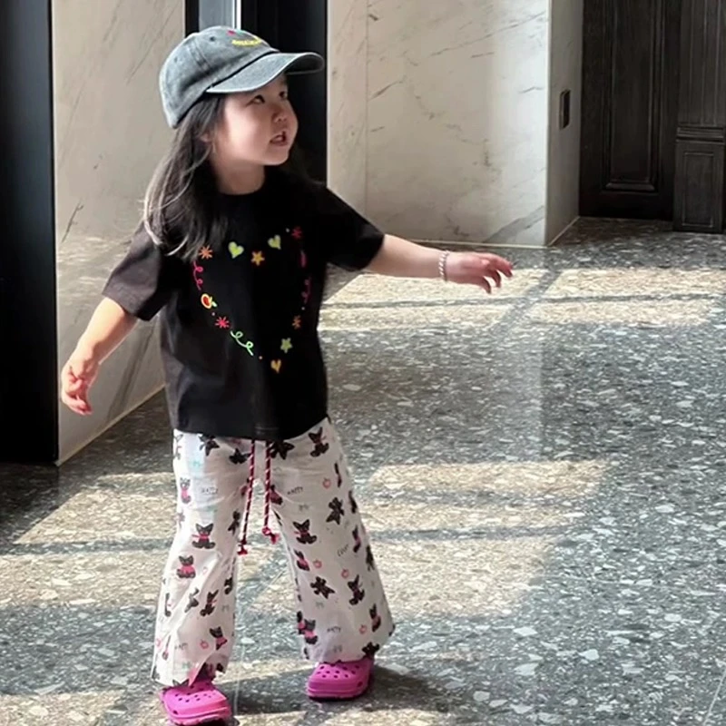 《现货》童装女童套装2025夏季韩版洋气儿童卡通上衣休闲裤子两件套