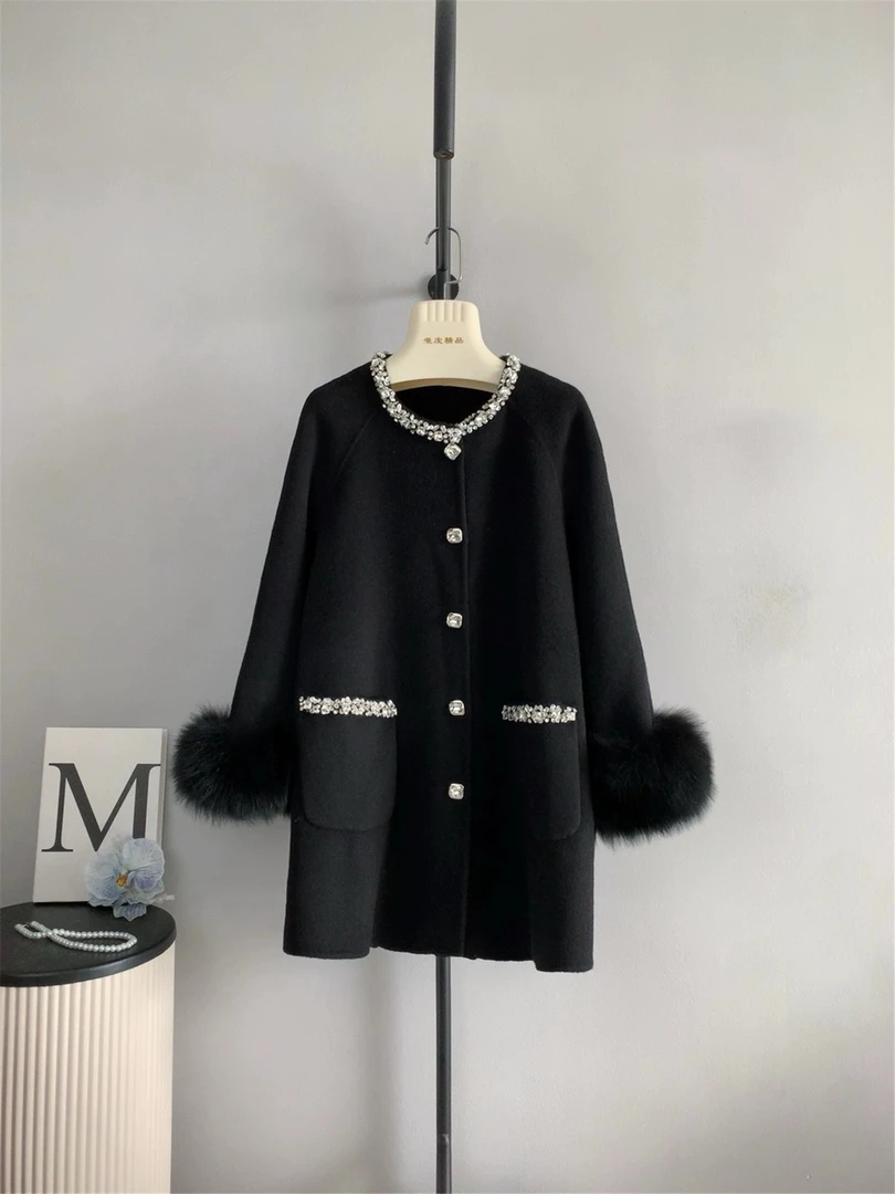 2025秋冬新款双面羊毛大衣中长款毛领呢子外套女