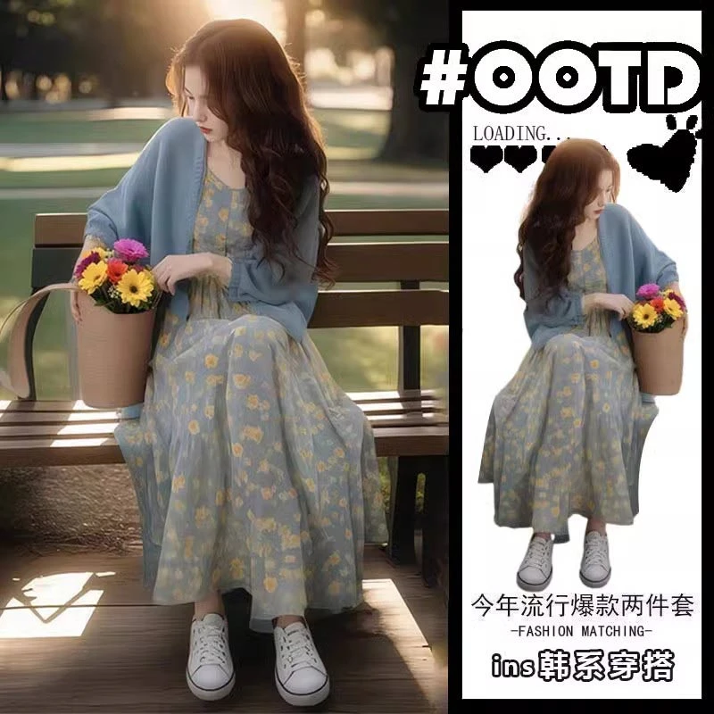 小众气质碎花吊带连衣裙开衫女装2025年春秋季新款海边时尚套装潮