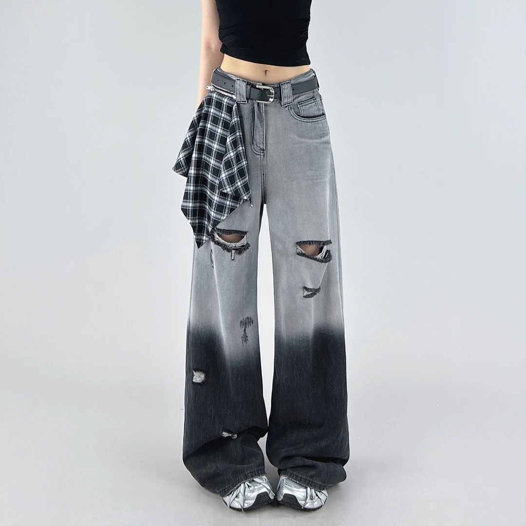 高腰直筒渐变色破洞牛仔裤女2025夏新款设计感宽松显瘦阔腿拖地裤