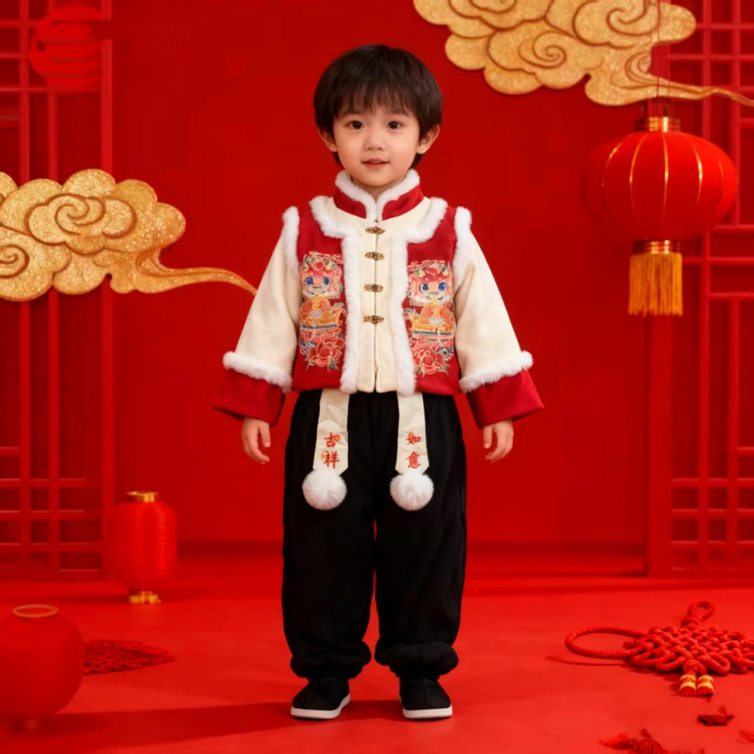 拜年服[微瑕染色处理介意者勿拍]国风唐装加绒加厚男女童过年服装