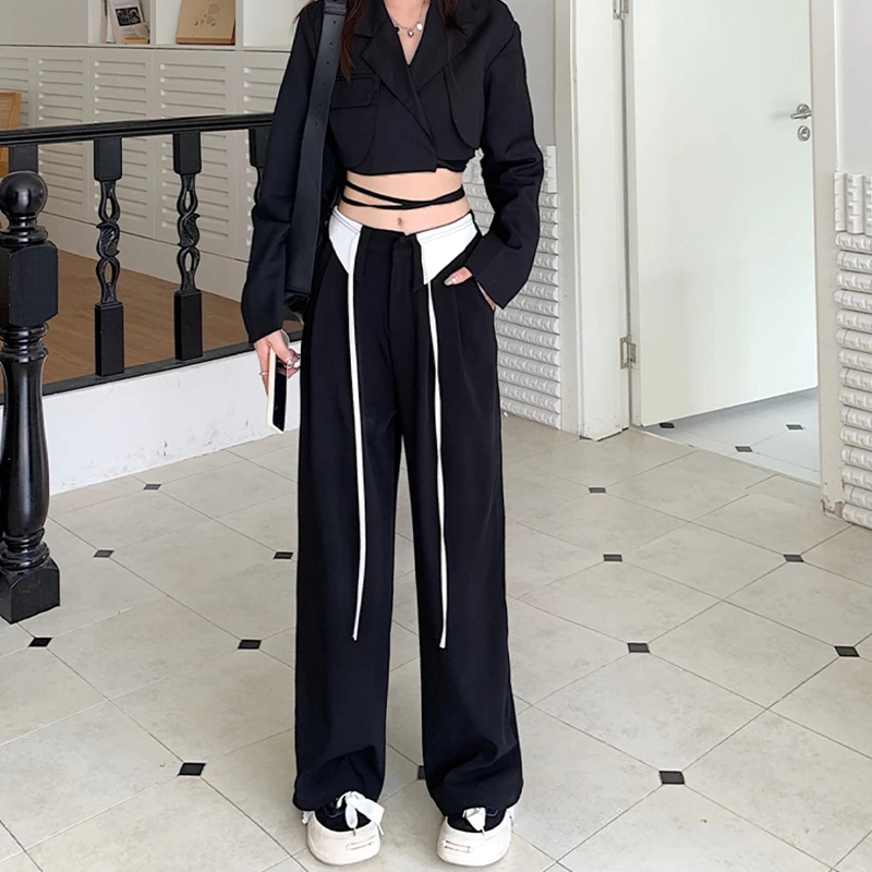 2-300斤胖mm大码女装黑色抽绳设计感西装裤春夏新款宽松透气裤子
