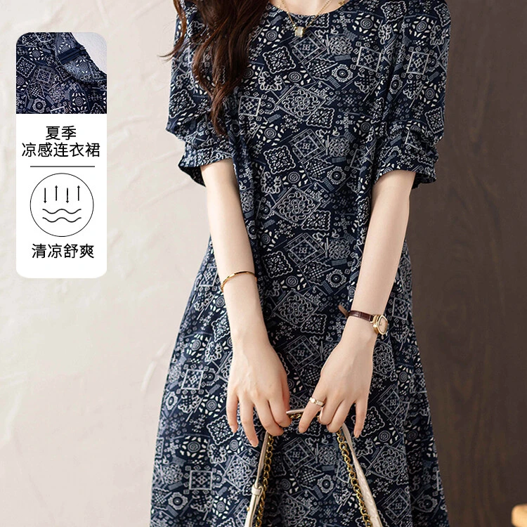 皮尔卡丹设计感泡泡袖印花连衣裙女夏2025新款复古小众别致小个子