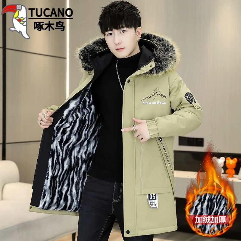 啄木鸟派克服冬季大毛领连帽棉衣外套男士潮牌中长款保暖棉服时尚