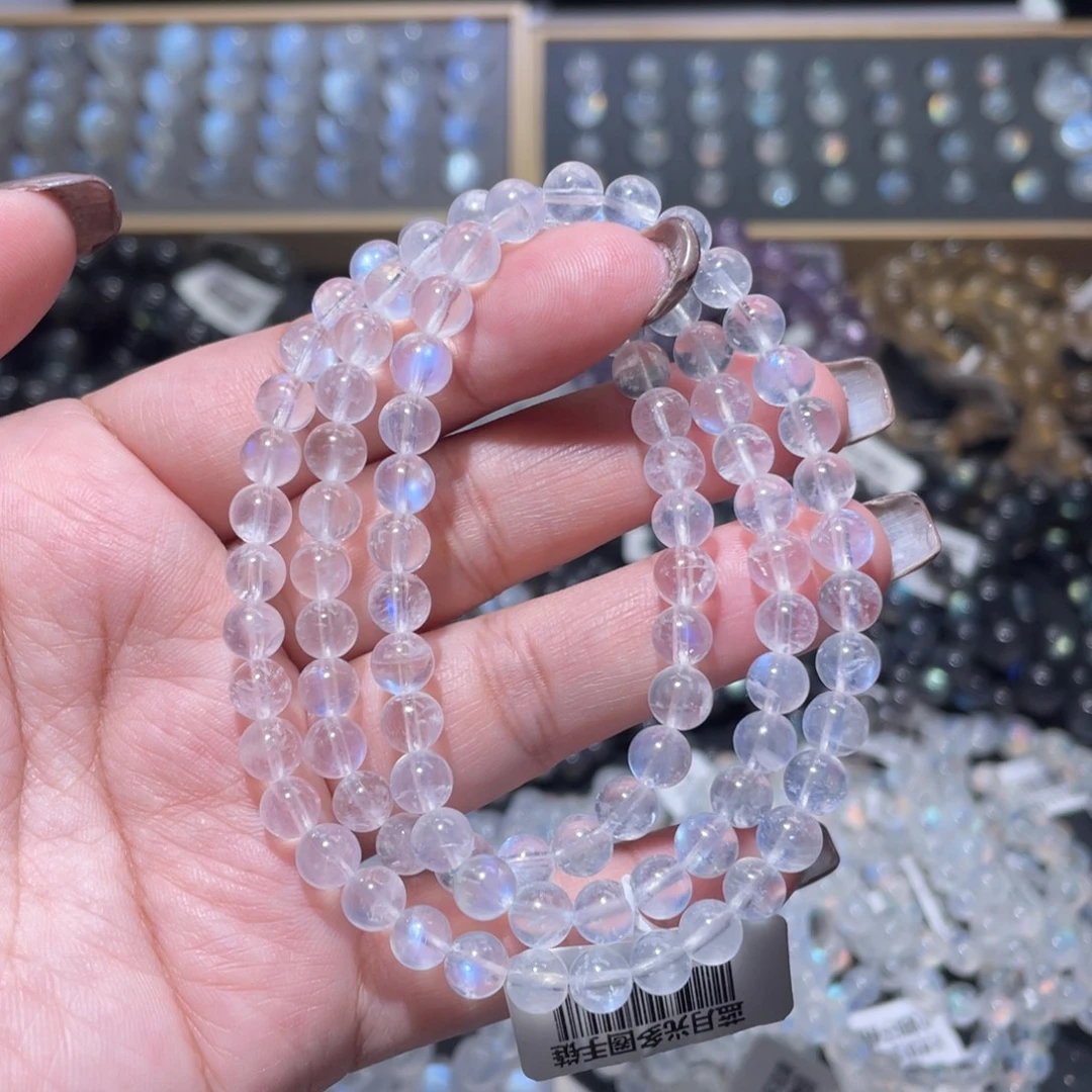 长石未镶嵌手链透体蓝月光手链多圈6mm