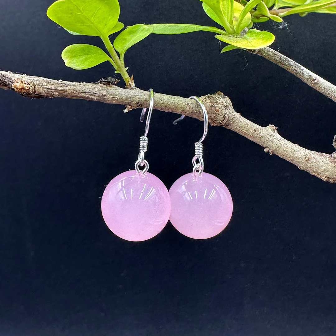 合金珐琅耳饰 14mm天然淡粉色通透耳环A188纯银钩耳坠老矿料