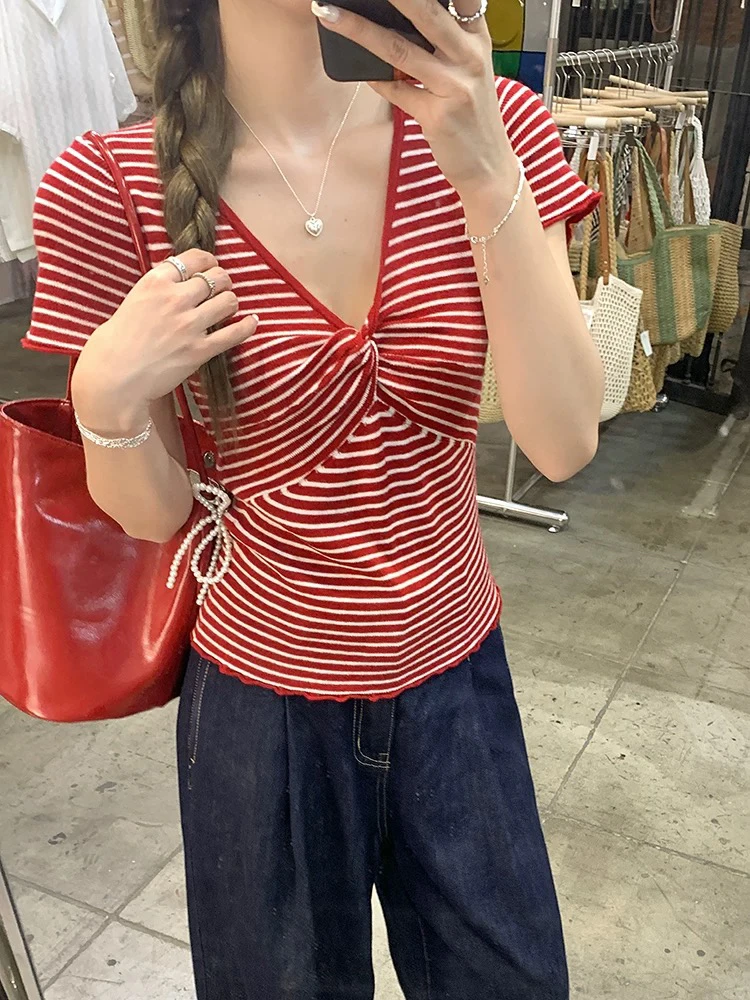 夏季V领条纹纯欲风短袖套装裙子小众设计感清