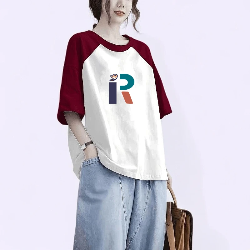 100%纯棉短袖t恤女士夏季新款宽松大码胖mm洋气拼接撞色半袖上衣