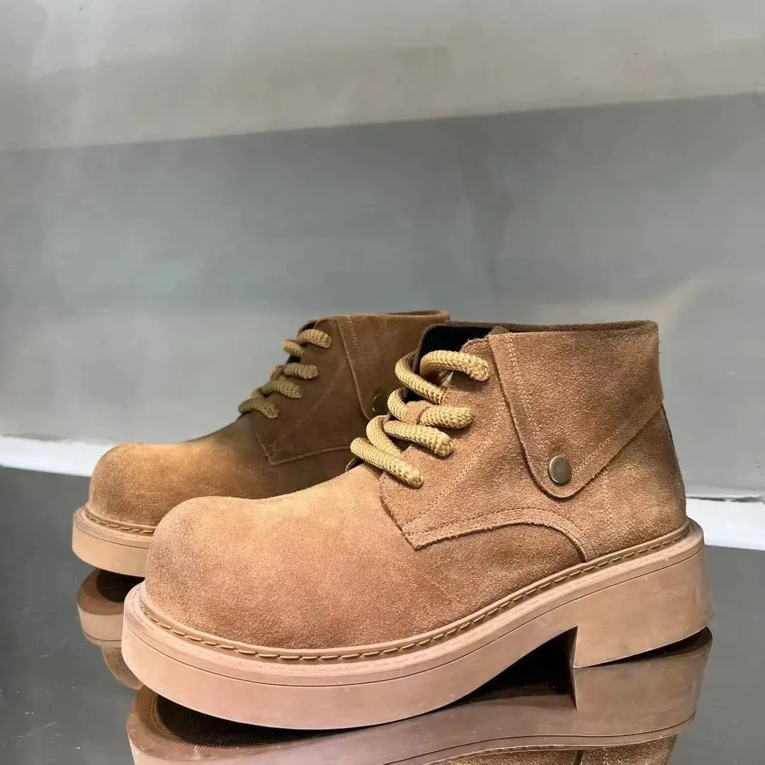 冬季中帮马丁靴男覆古做旧厚底工装靴纯色百搭系带大头休闲鞋靴子