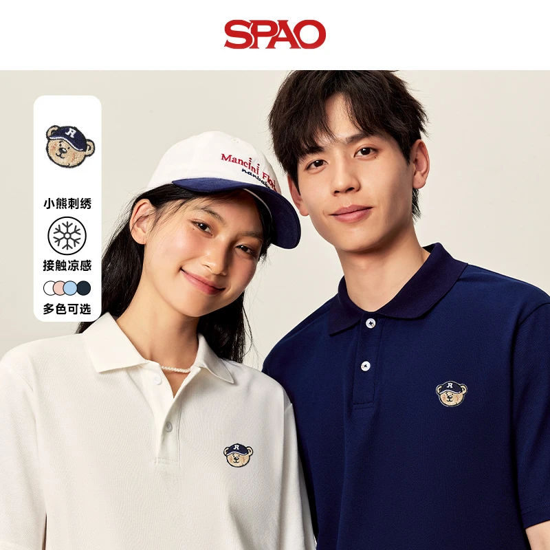 SPAO韩国同款凉感短袖POLO衫男女同款学院风宽松休闲翻领情侣装YC