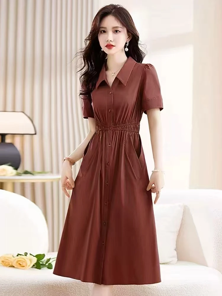 休闲气质短袖衬衫连衣裙2025年夏季新款女装收腰显身材纯色长裙子