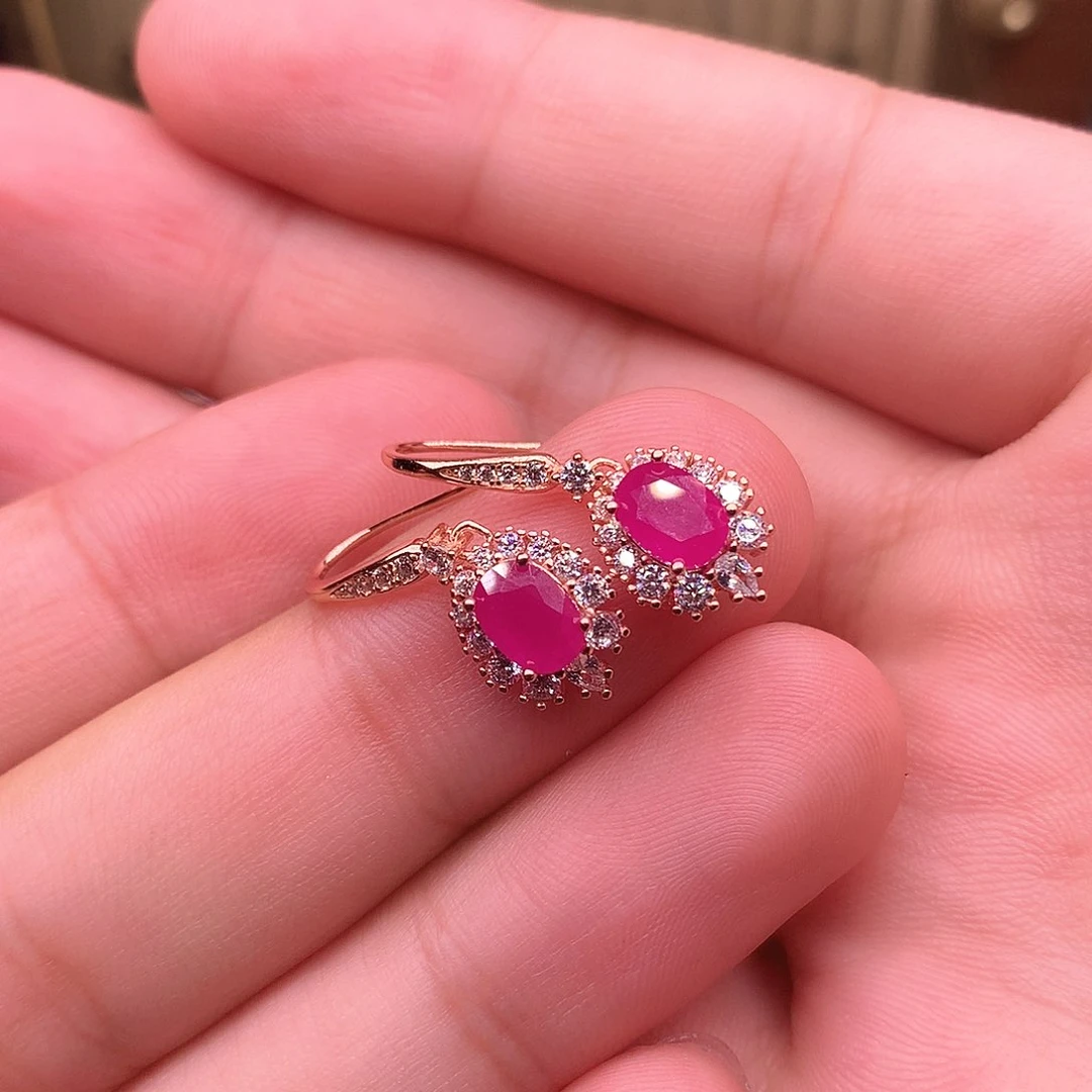 红宝石耳饰银S925镶嵌