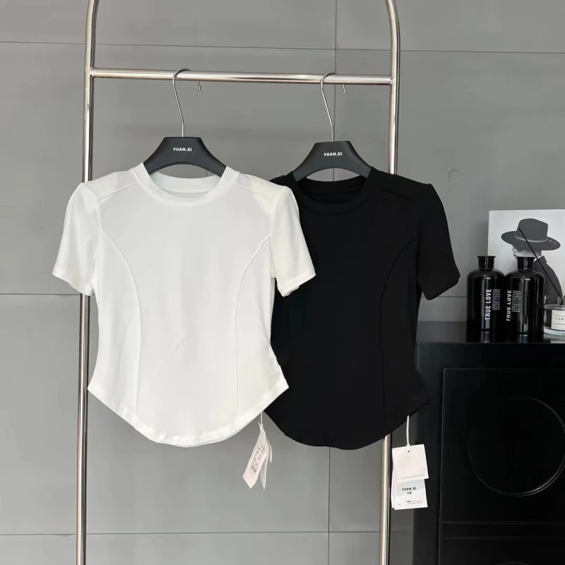 U形下摆2025夏鱼骨线修身显瘦正肩短袖T恤女纯欲小众百搭欧货上衣