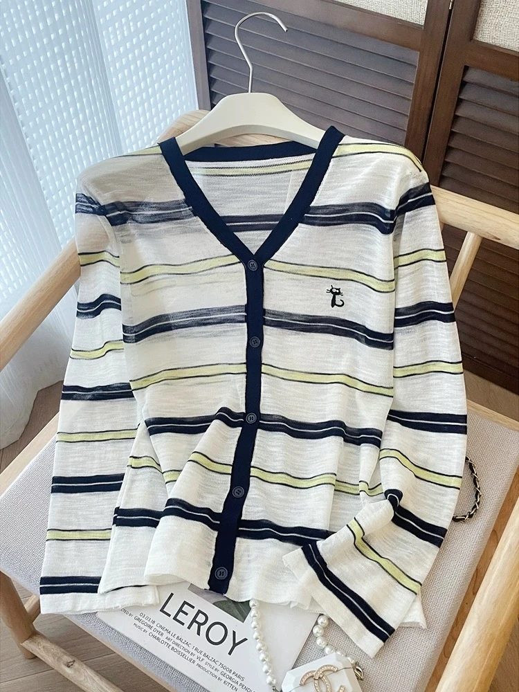 长袖女针织衫显瘦初秋条纹开衫