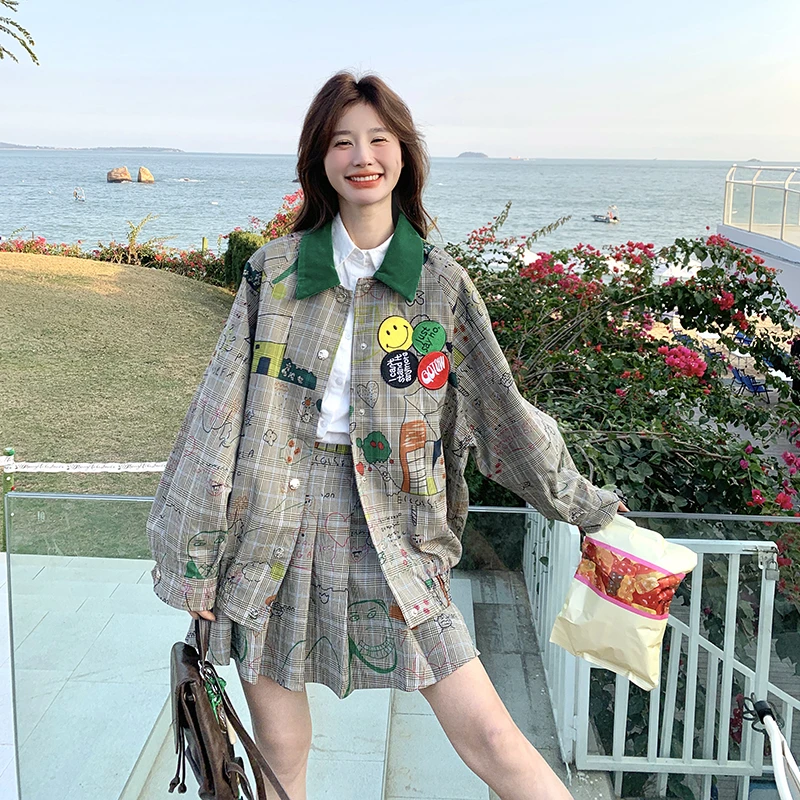 美式复古格纹涂鸦外套百褶裙两件套装春学院风鬼马少女感甜美穿搭