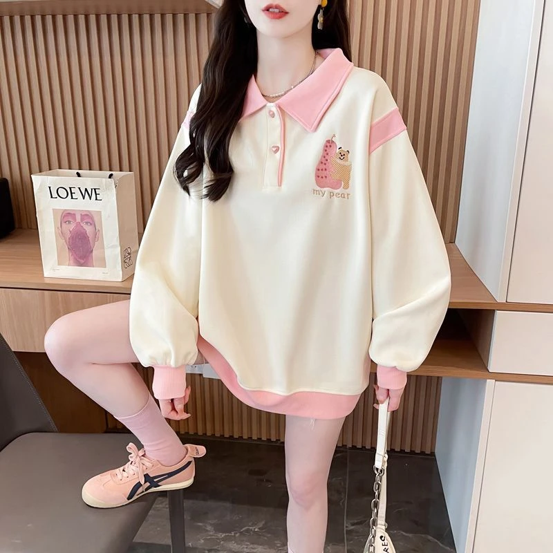 薄款秋季长袖套头美式撞色Polo领刺绣卡通图案特别洋气大码上衣