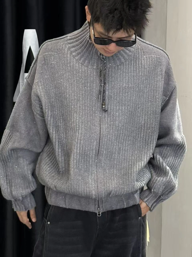 【A+】立体竖条纹羊毛拉链开衫8806