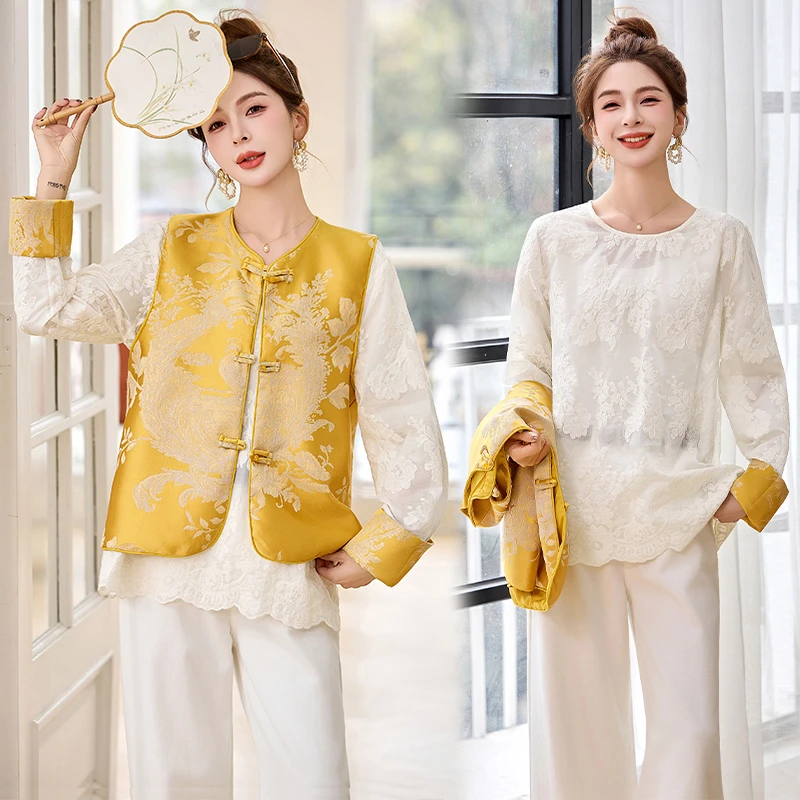 新中式中国风气质时尚提花宽松复古拼接两件套绣花重工刺绣马夹