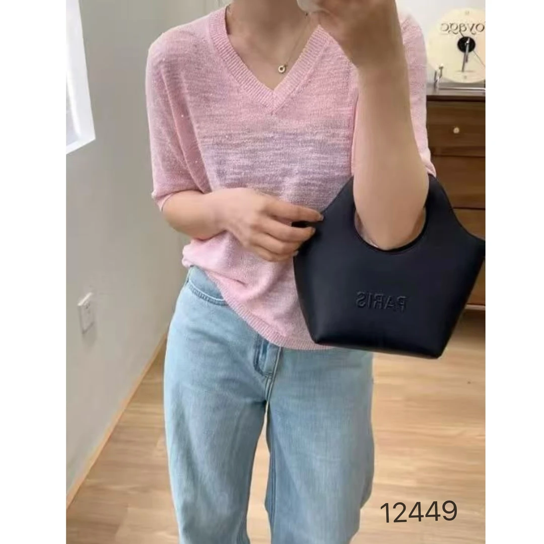 12449（部分无水洗唛，介意慎拍) CHUXUN 新款V领带钻短袖