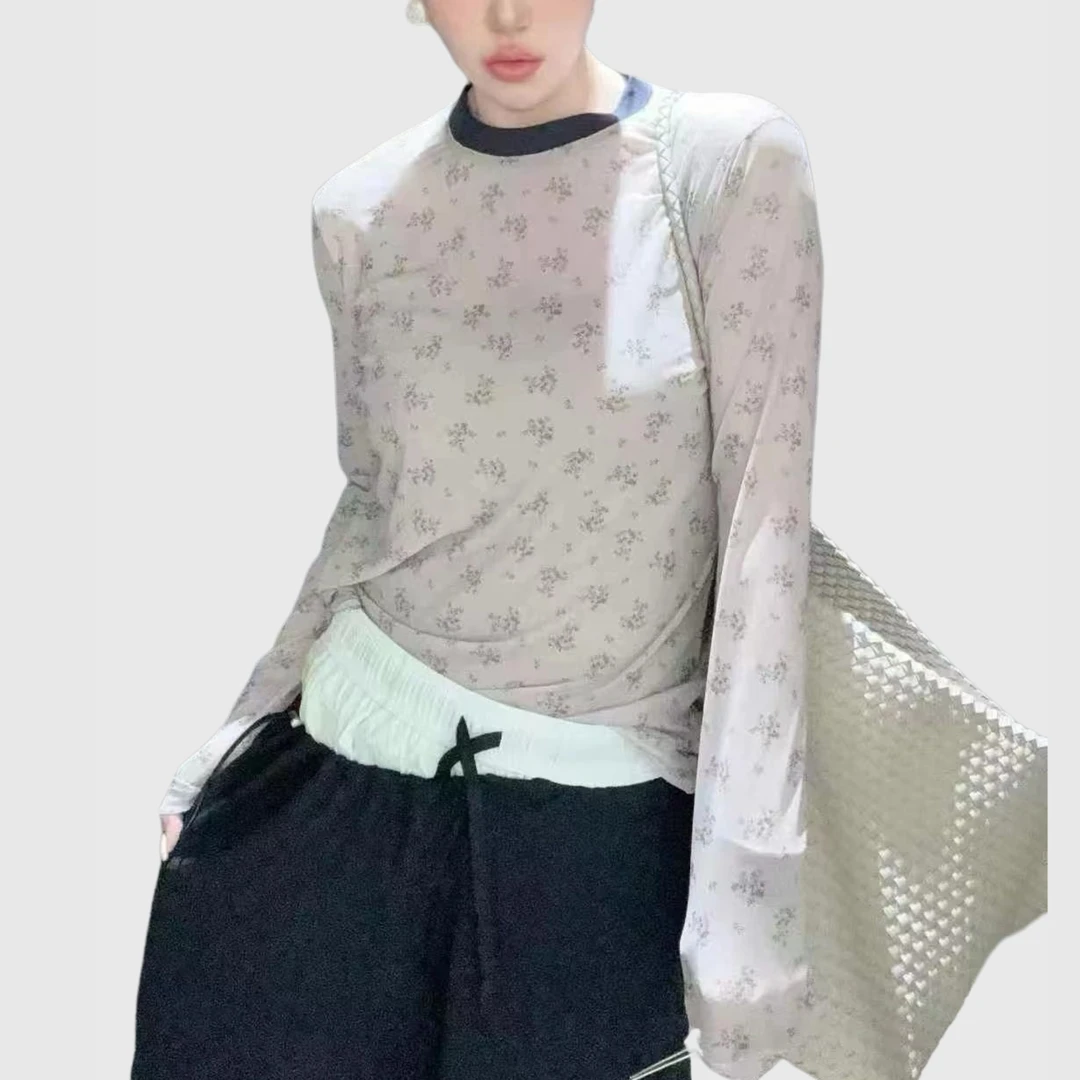 小北碎花长袖印花圆领修身百搭防晒网衫T恤