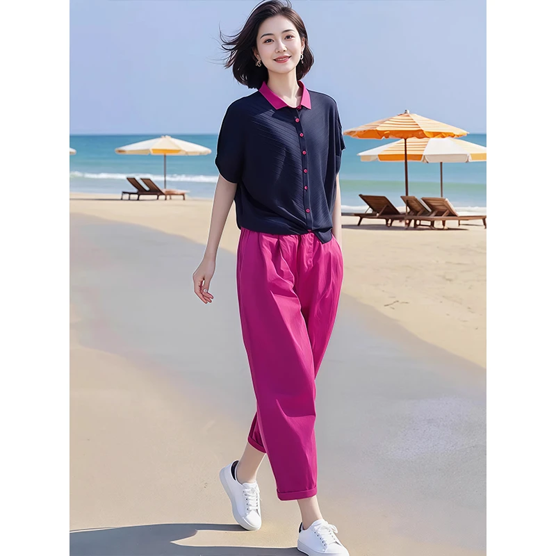 2025夏新款小个子穿搭女气质显瘦百搭针织衫+牛筋腰休闲裤两件套