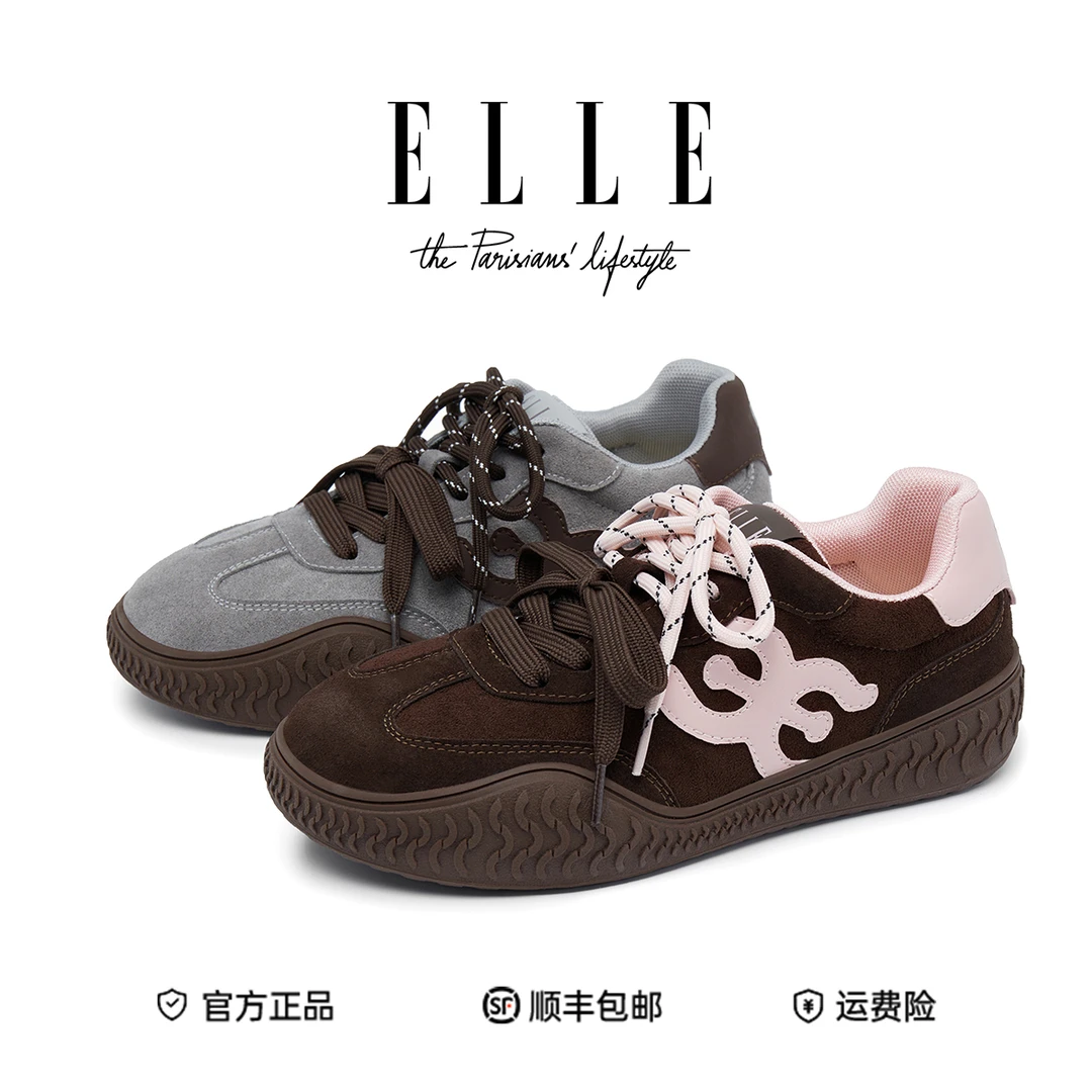 ELLE美式复古德训鞋真皮女鞋经典低帮拼色阿甘鞋双系带休闲运动鞋