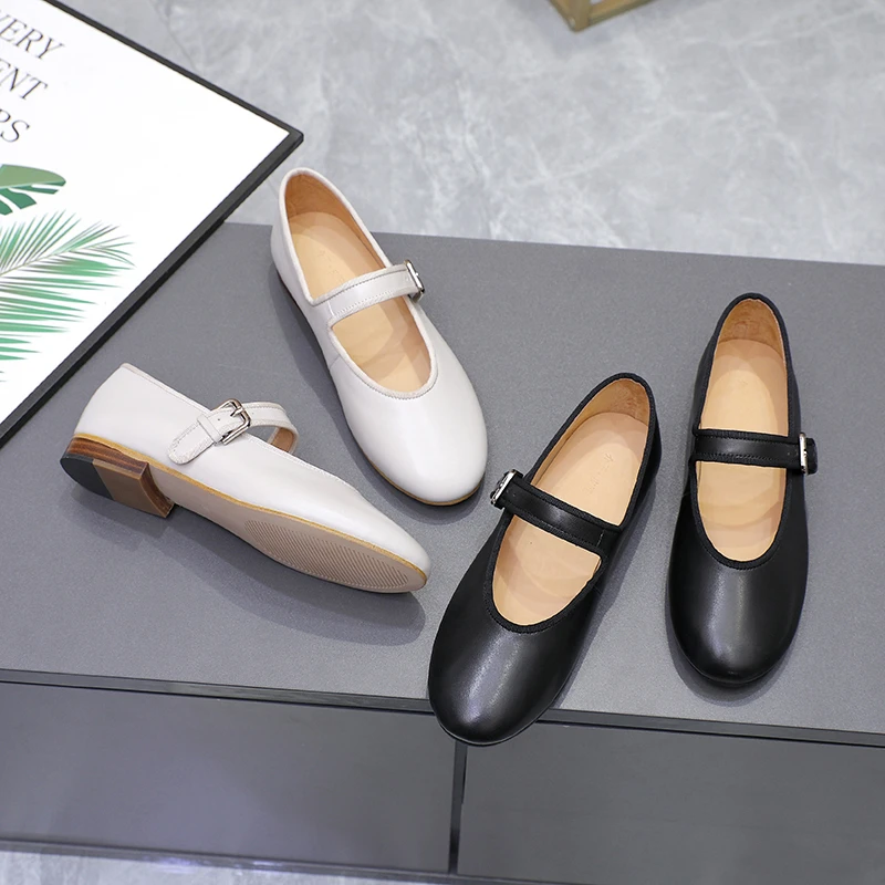 THE- 手工鞋羊皮一字带玛丽珍单鞋真皮法式平底低跟row芭蕾舞鞋女