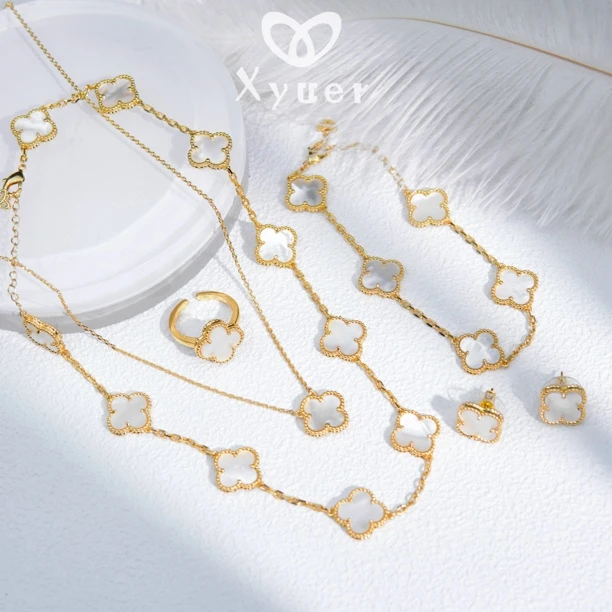 铜合金贝壳项链 Xyuer谢雨儿高品质定制四叶花白色贝贝款首饰套装