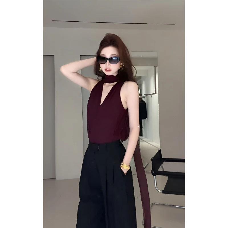 韩系气质御姐风时髦显瘦飘带无袖背心上衣百搭直筒休闲长裤套装女