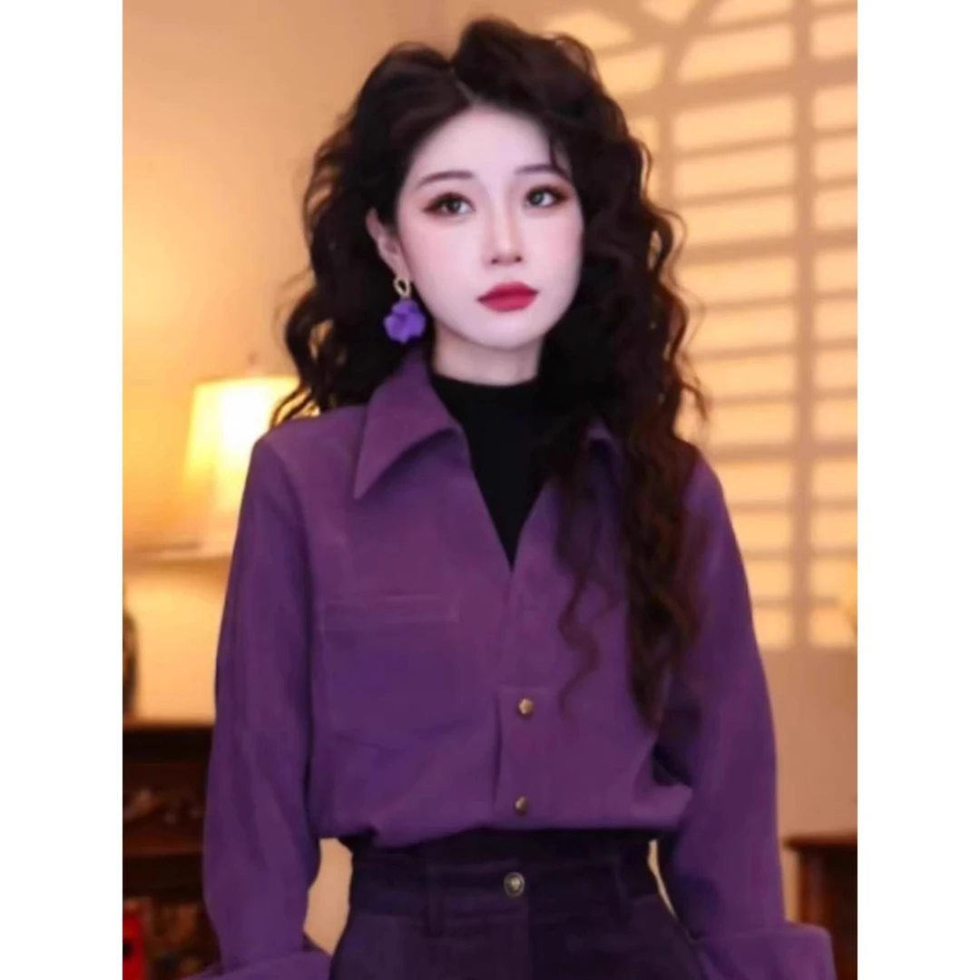 蒋肉儿港味复古气质设计感假两件长袖上衣时尚气质通勤百搭衬衫