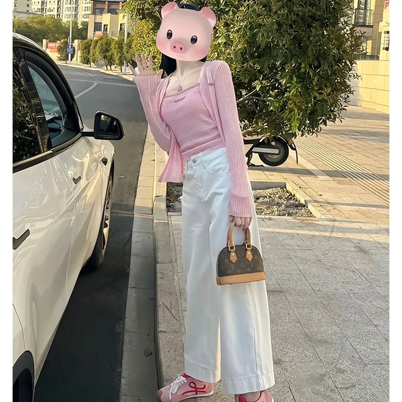 温柔风韩系时尚粉背心吊带针织开衫女通勤百搭休闲牛仔裤三件套春