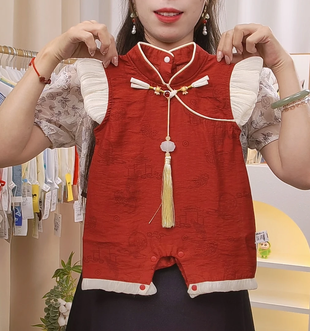 夏装新款洋气中式公主国风爬服夏天薄款女宝宝红色旗袍连体衣