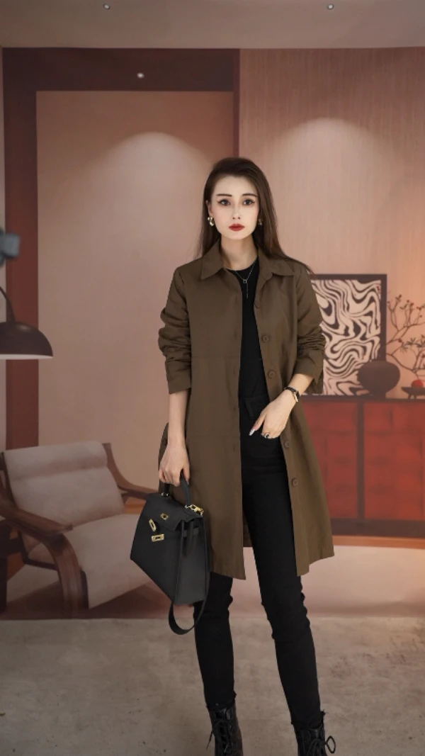 春秋款新款女士中长款宽松时尚百搭风衣外套