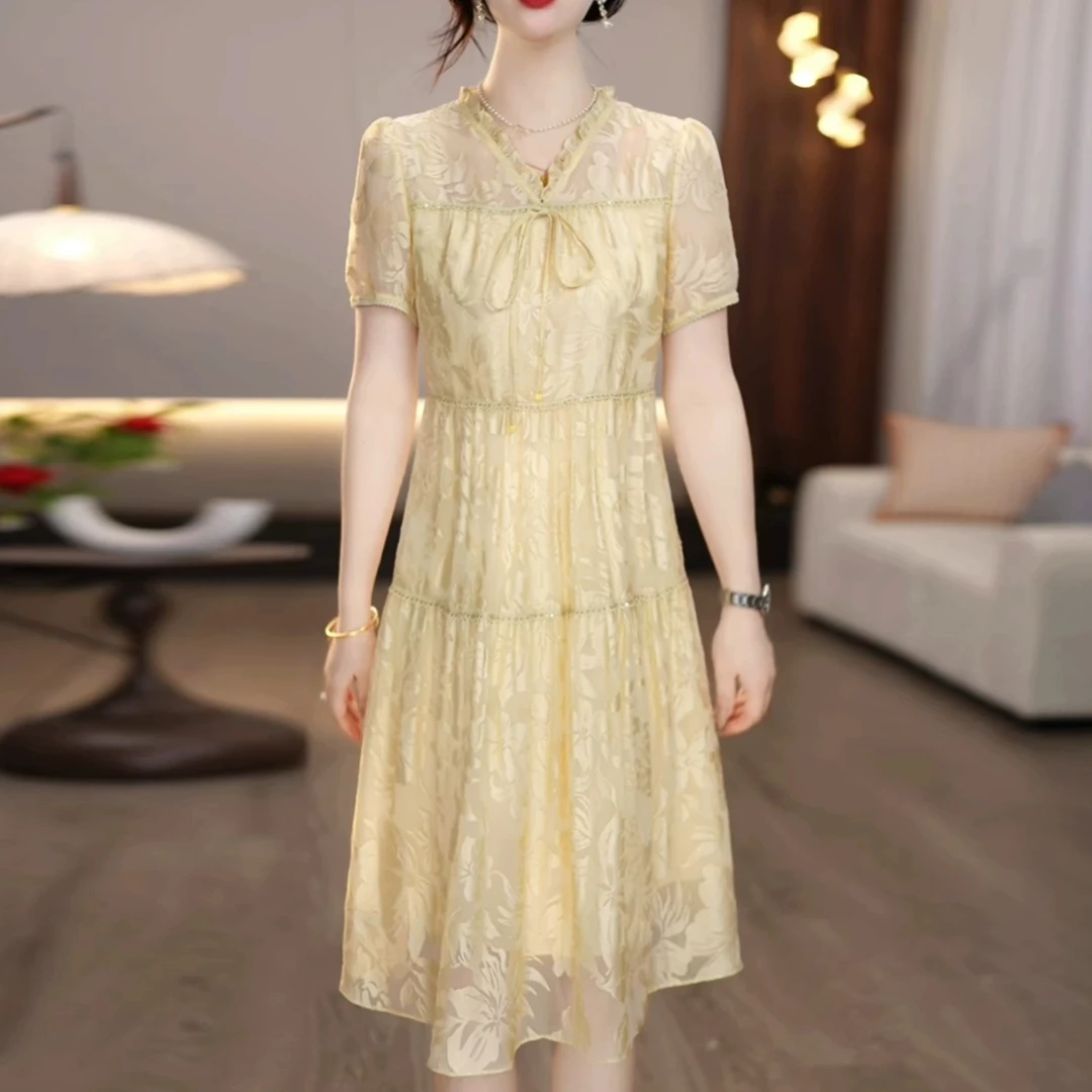 轻奢琉璃丝显瘦法式复古A字中长款连衣裙2025夏季新款显瘦礼服裙