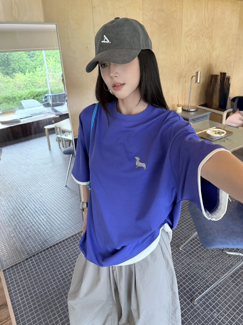 杨九七 假两件纯色短袖女夏季圆领宽松落肩oversize宽松T恤 7915