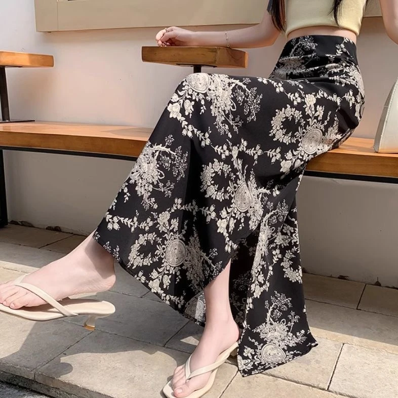 夏季侧开叉碎花缎面半身裙女2025新款法式风情万种包臀鱼尾长裙子