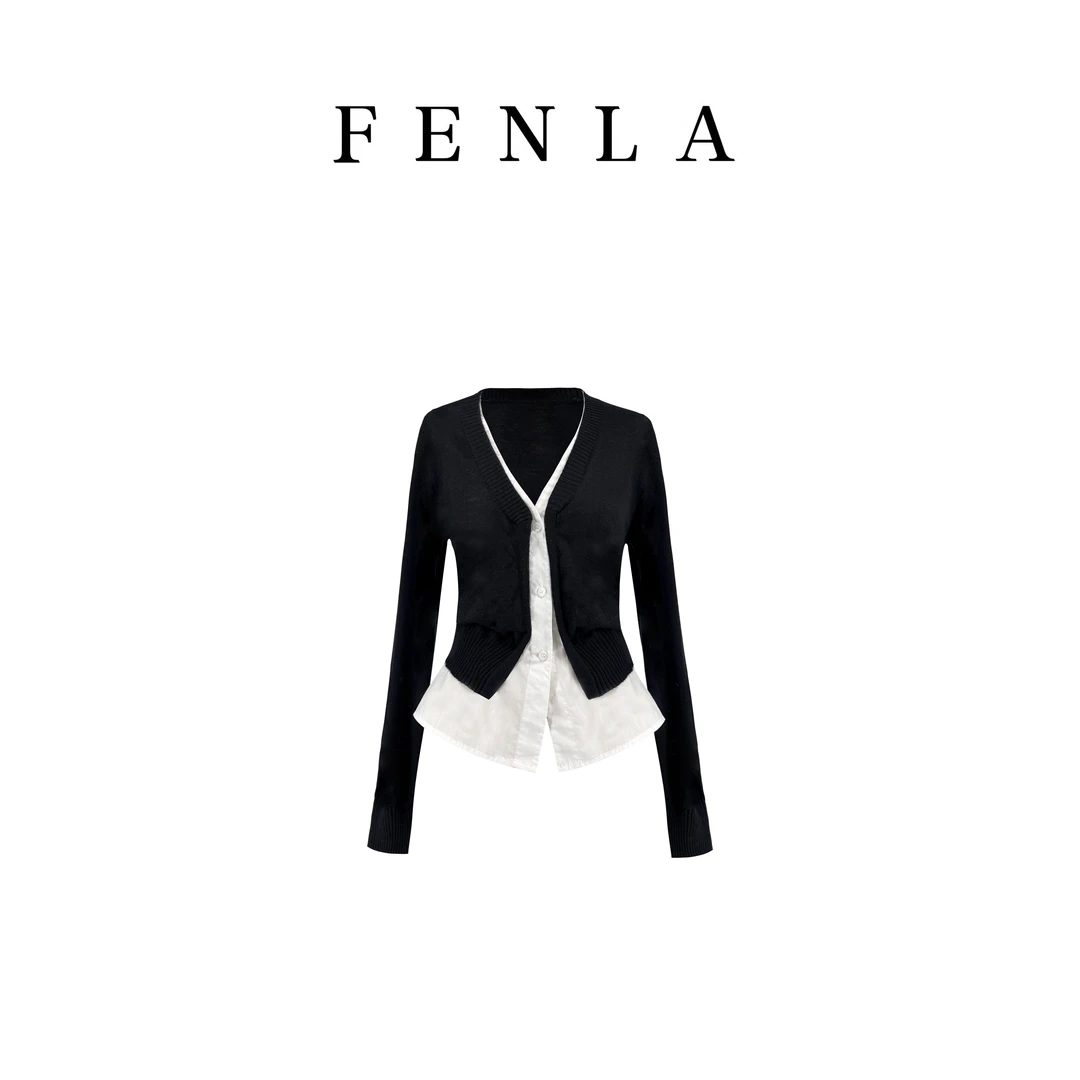 【惠姐私服】假两件撞色拼接长袖针织开衫时尚修身显瘦上衣 83678