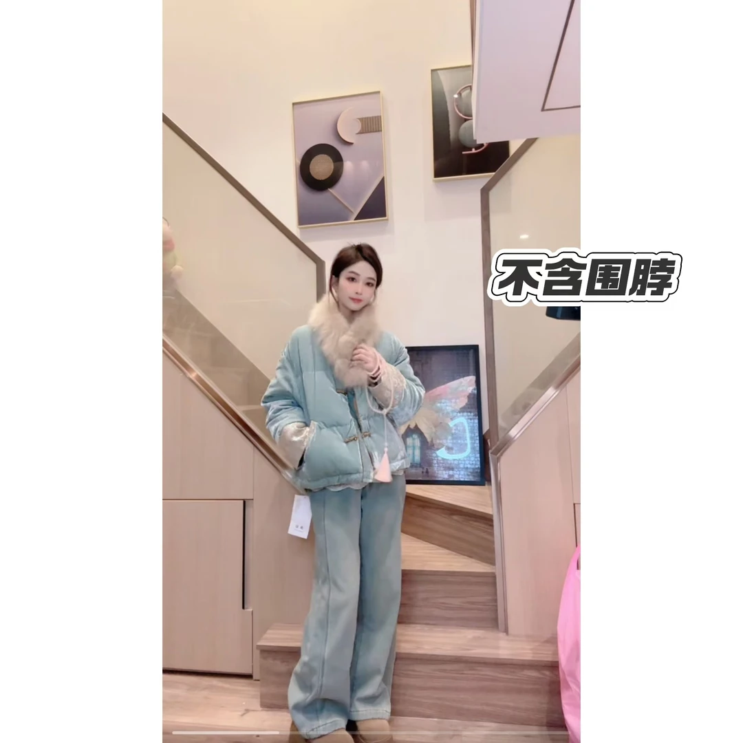晚舟-中式国风拼接时尚洋气新款盘扣提花外套保暖羽绒服 mg126
