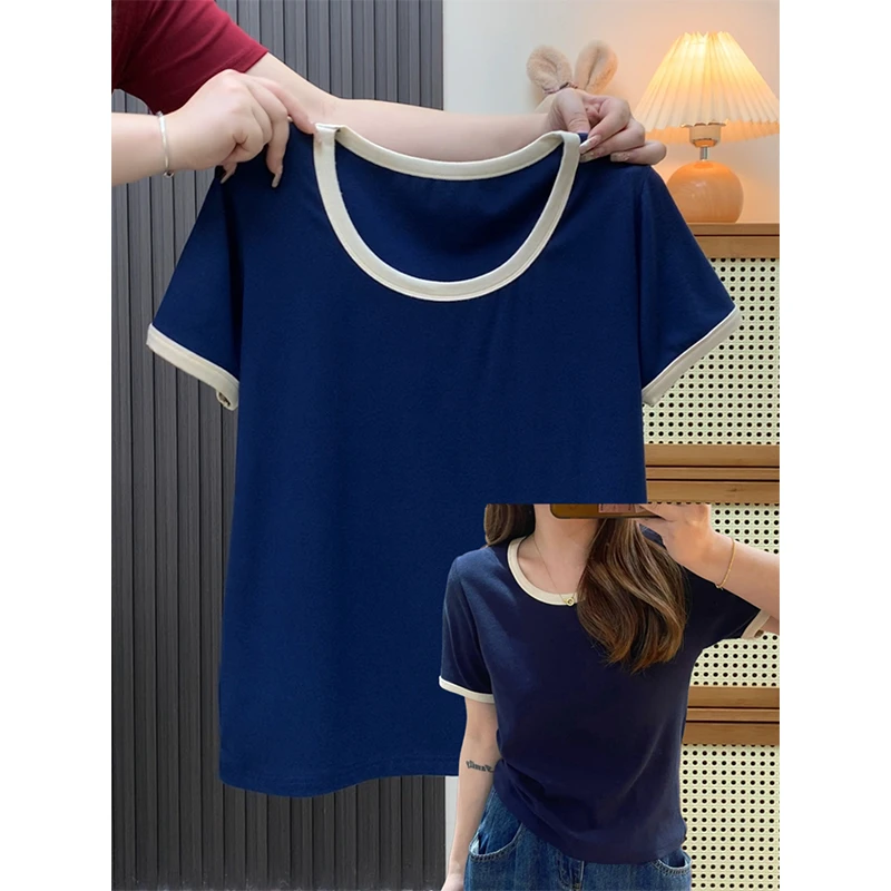 特大码200斤韩系简约水滴领正肩短袖t恤女夏季慵懒风气质显瘦上衣