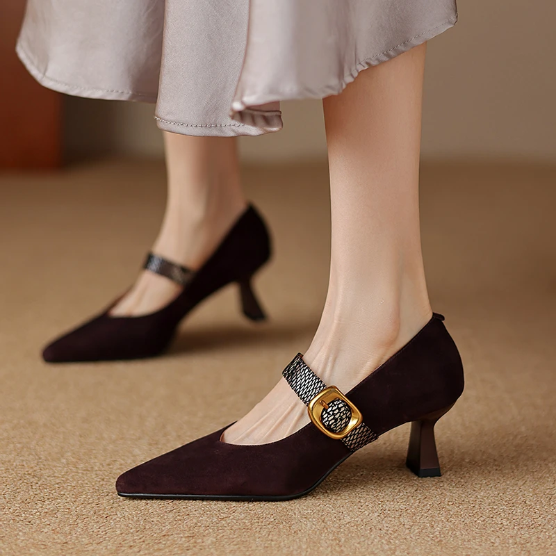 羊翻皮5公分 法式玛丽珍高跟鞋女春秋不掉跟一字扣带尖头气质单鞋