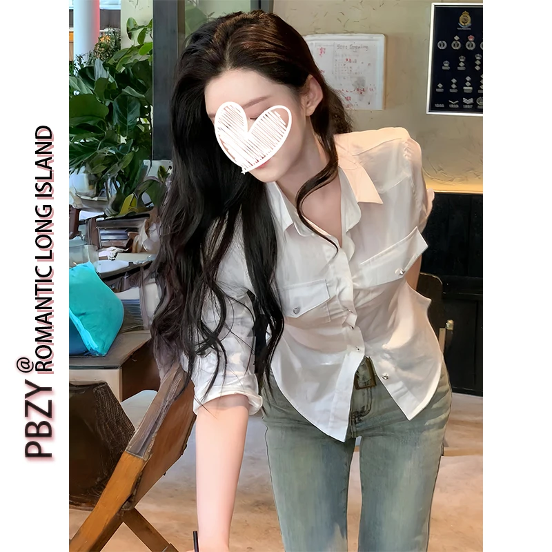 纯欲风气质翻领衬衫女修身收腰白色开衫上衣2025年新款  6656#