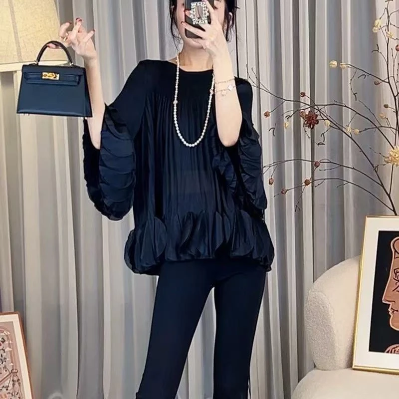 三宅新中式外穿穿搭宽松洋气圆领新款褶皱上衣花瓣遮肉