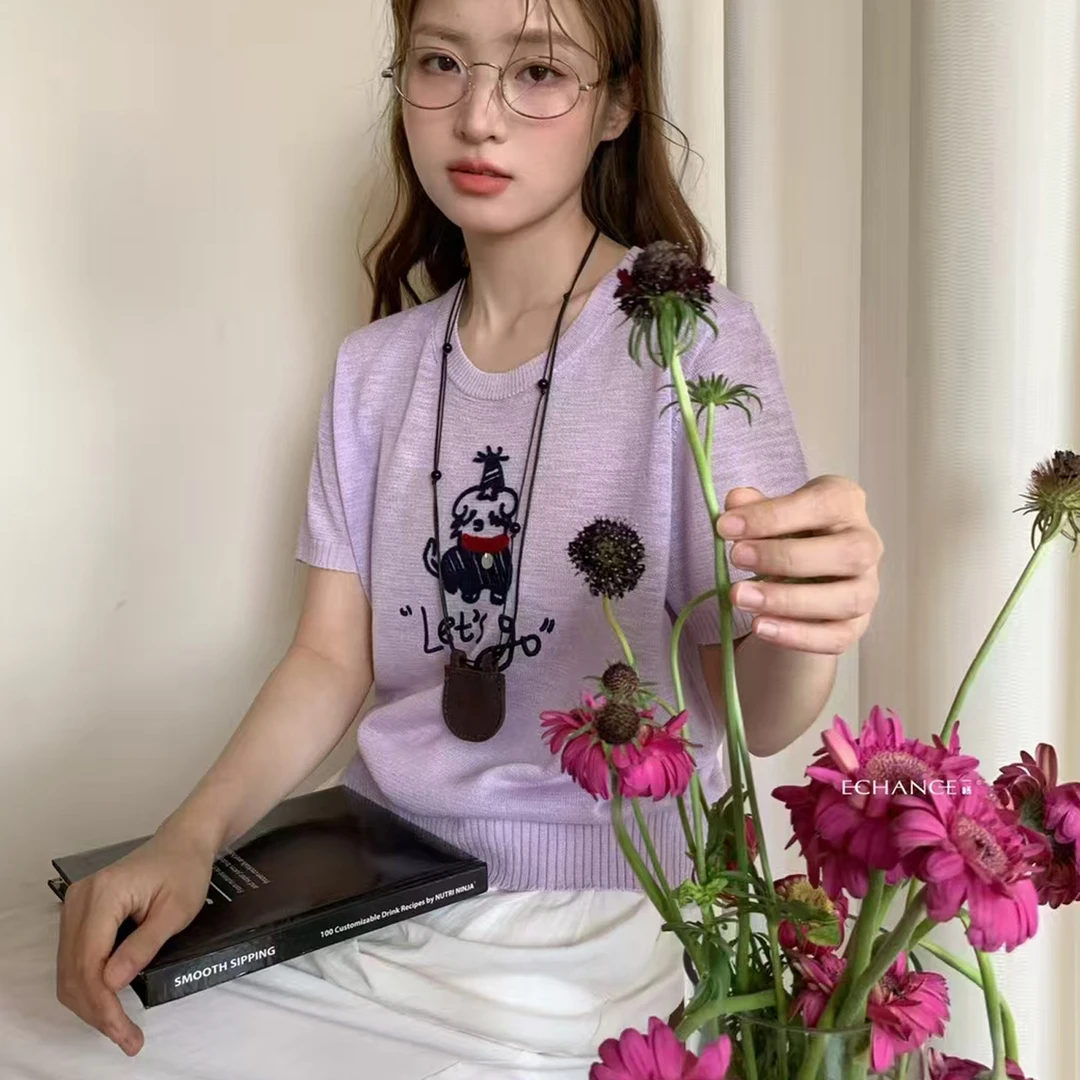 简约通勤时尚设计感小众圆领短袖女卡通刺绣宽松显瘦上衣T恤女潮