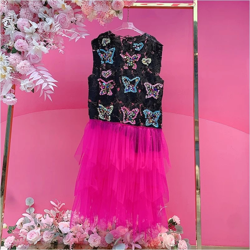 A1319欧美设计师2025早春新款重工彩色亮片刺绣镂空拼纱马夹裙女