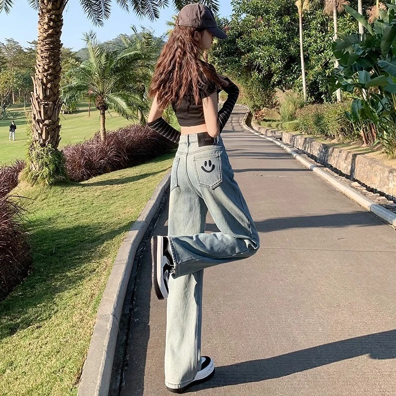 浅色阔腿牛仔裤子女潮流百搭时尚新款高腰宽松垂感窄版复古直筒拖