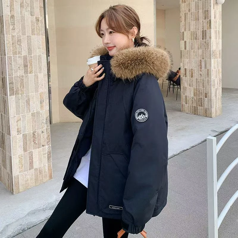 爆款大毛领中长款工装派克棉服女2024冬季新款棉衣韩版潮黑金外套