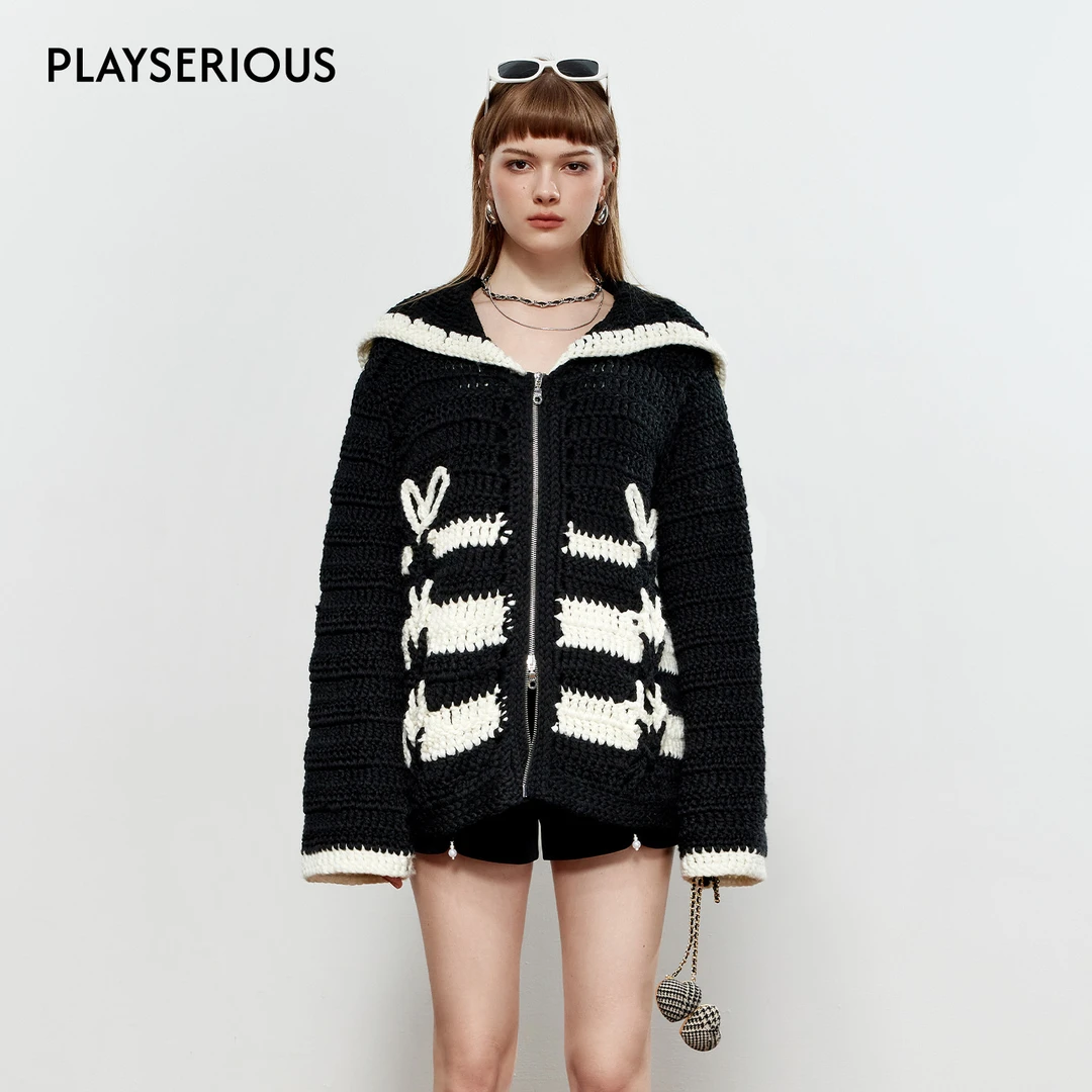 ROCHA ROMMA 2025秋季新款海军领撞色手钩外套女拼色百搭毛织外套