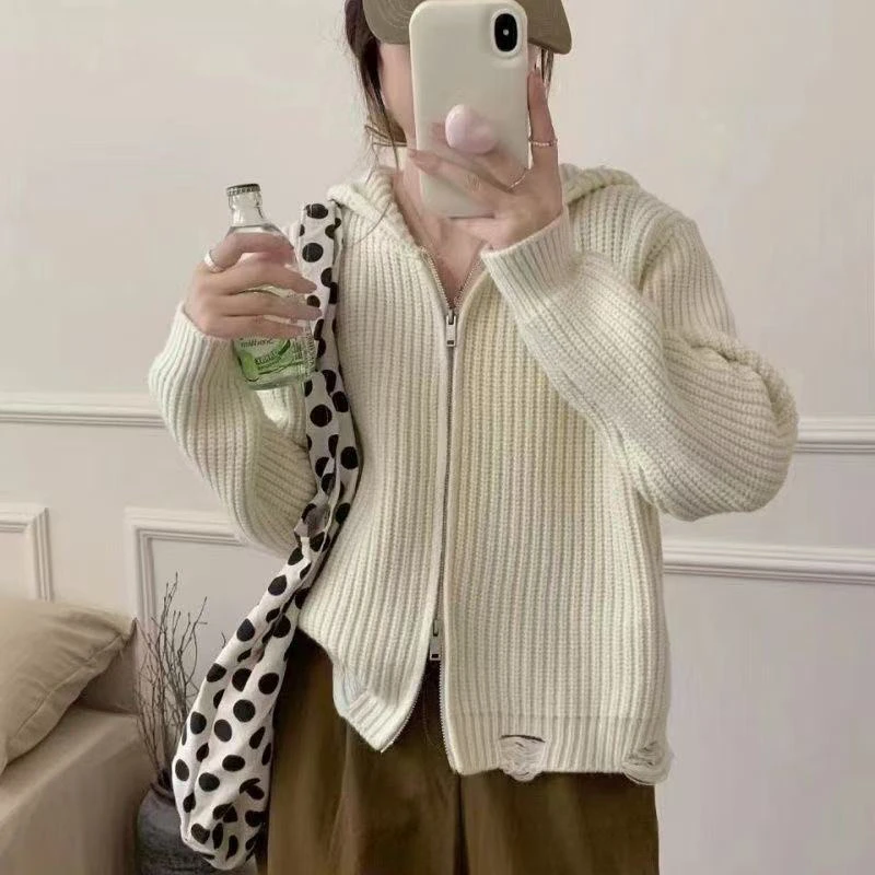 韩系风长袖连帽拼接秋季毛针织衫宽松开衫网红秋冬时尚