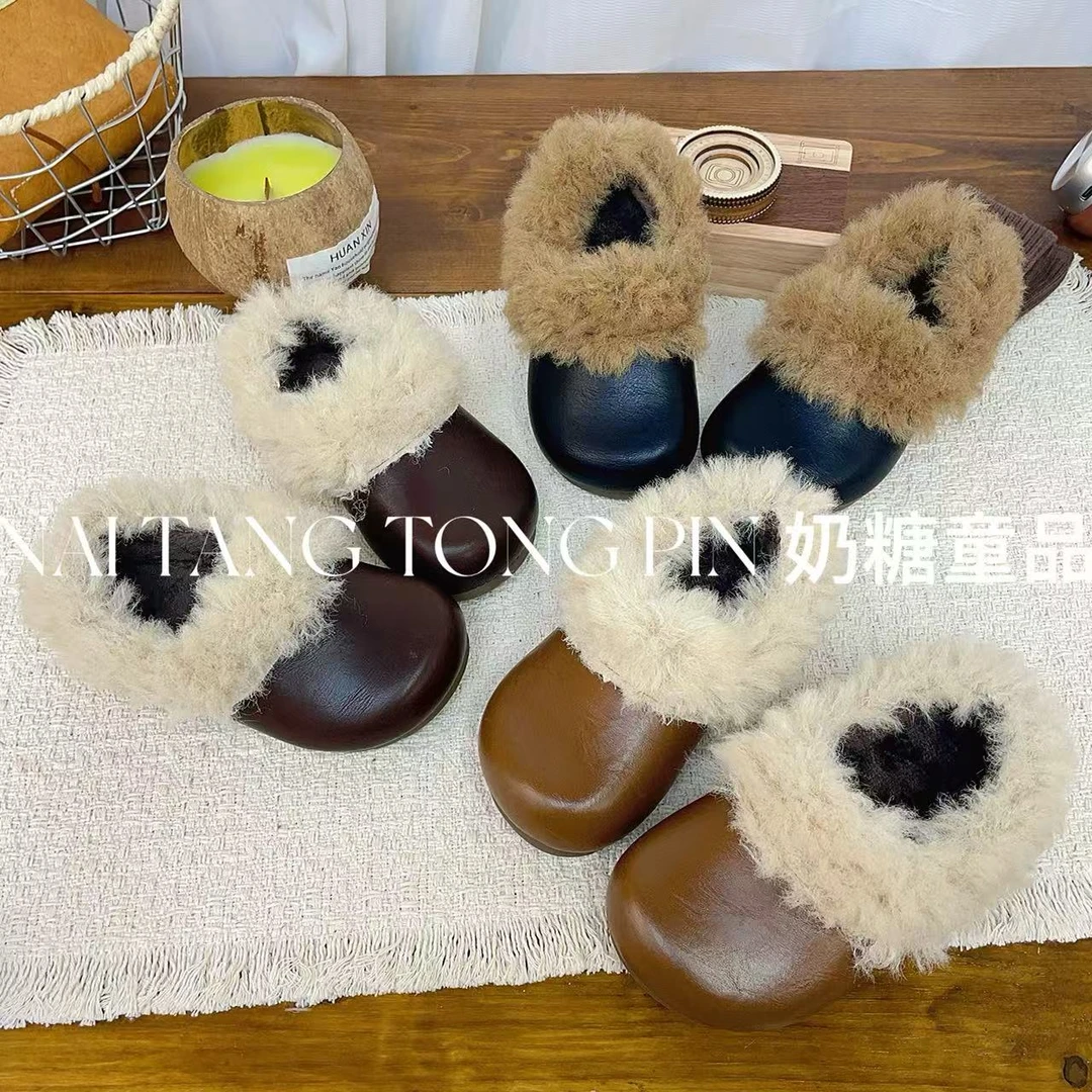 【糖炒栗子】韩版女童毛绒边小皮鞋法式小众设计款儿童保暖玛丽珍鞋