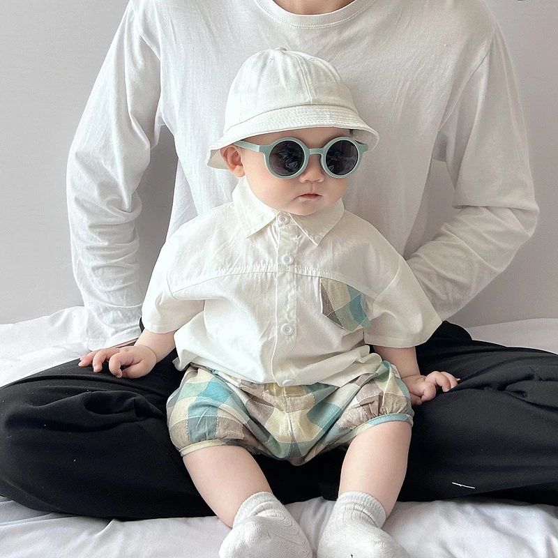 夏季婴儿衣服宝宝洋气时髦套装韩系婴幼儿Polo领衬衣格子短裤两件